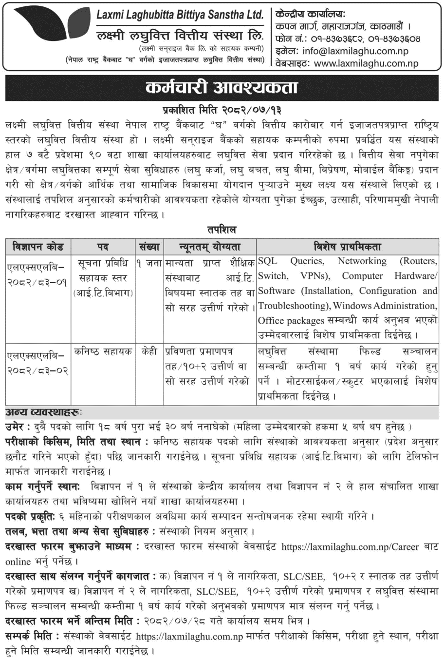 Laxmi Laghubitta Bittiya Sanstha Job Vacancy 2082 