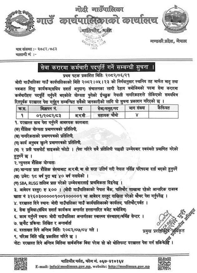 Modi Rural Municipality Vacancy for ANM Posts 