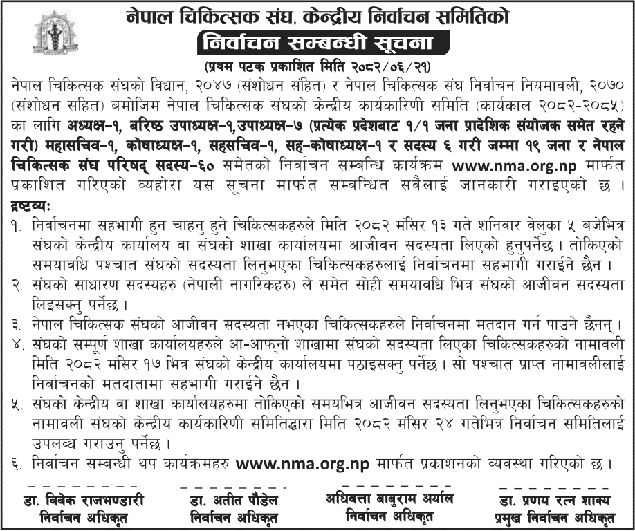 Nepal Medical Association Central Election Notice 2082 