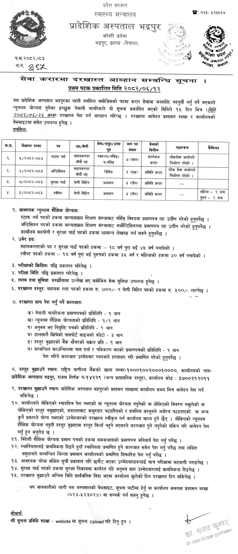 Provincial Hospital Bhadrapur Contract Job Vacancy 2082 