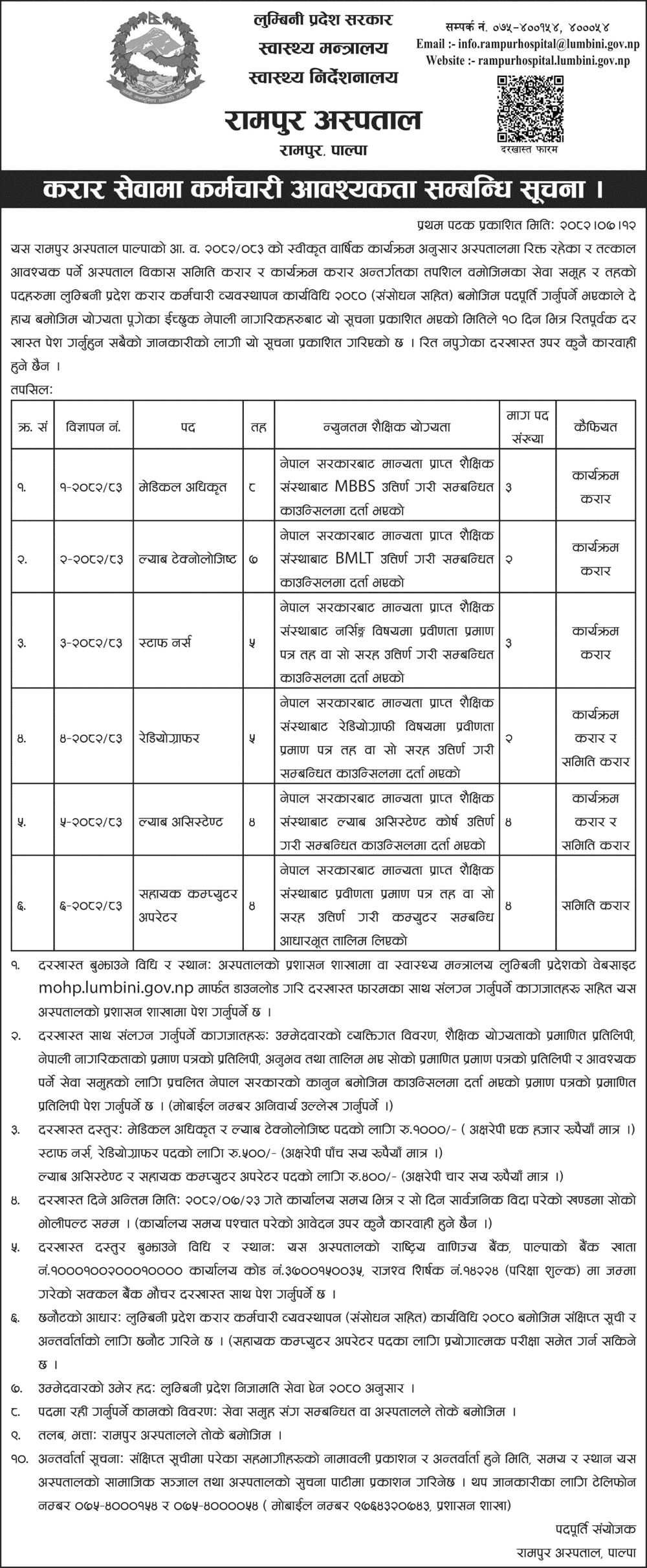 Rampur Hospital Palpa Contract-Based Job Vacancy 2082