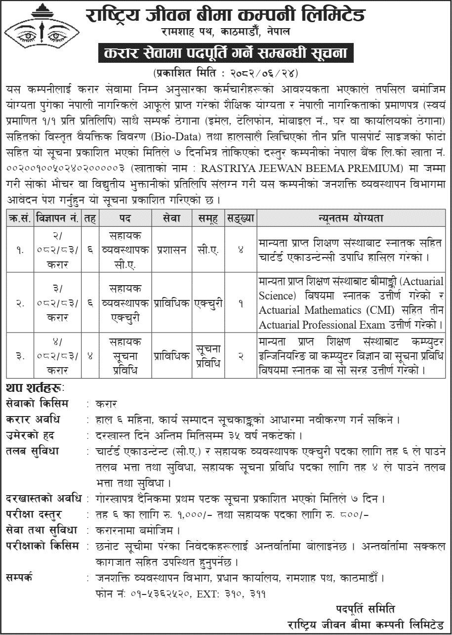 Rastriya Beema Company Contract Service Vacancy 2082 