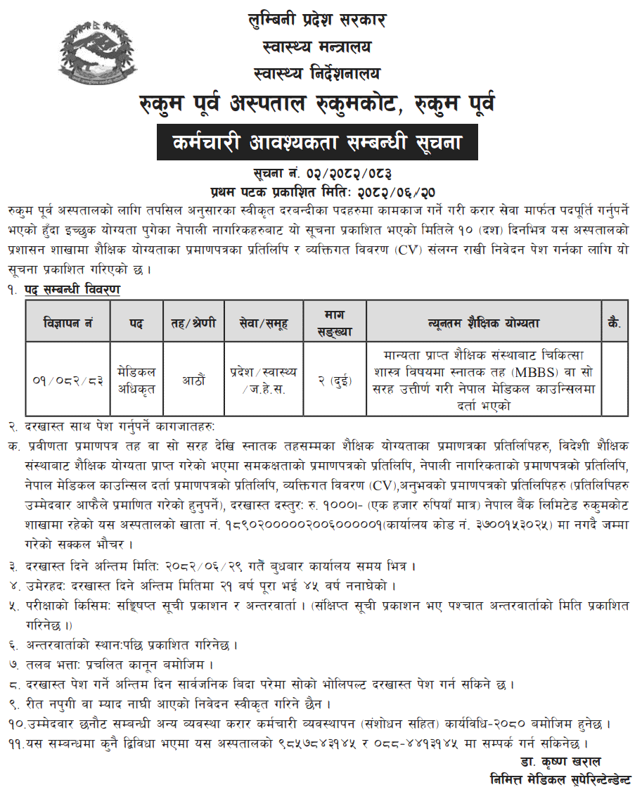 Rukum East Hospital Medical Officer Vacancy 2082 