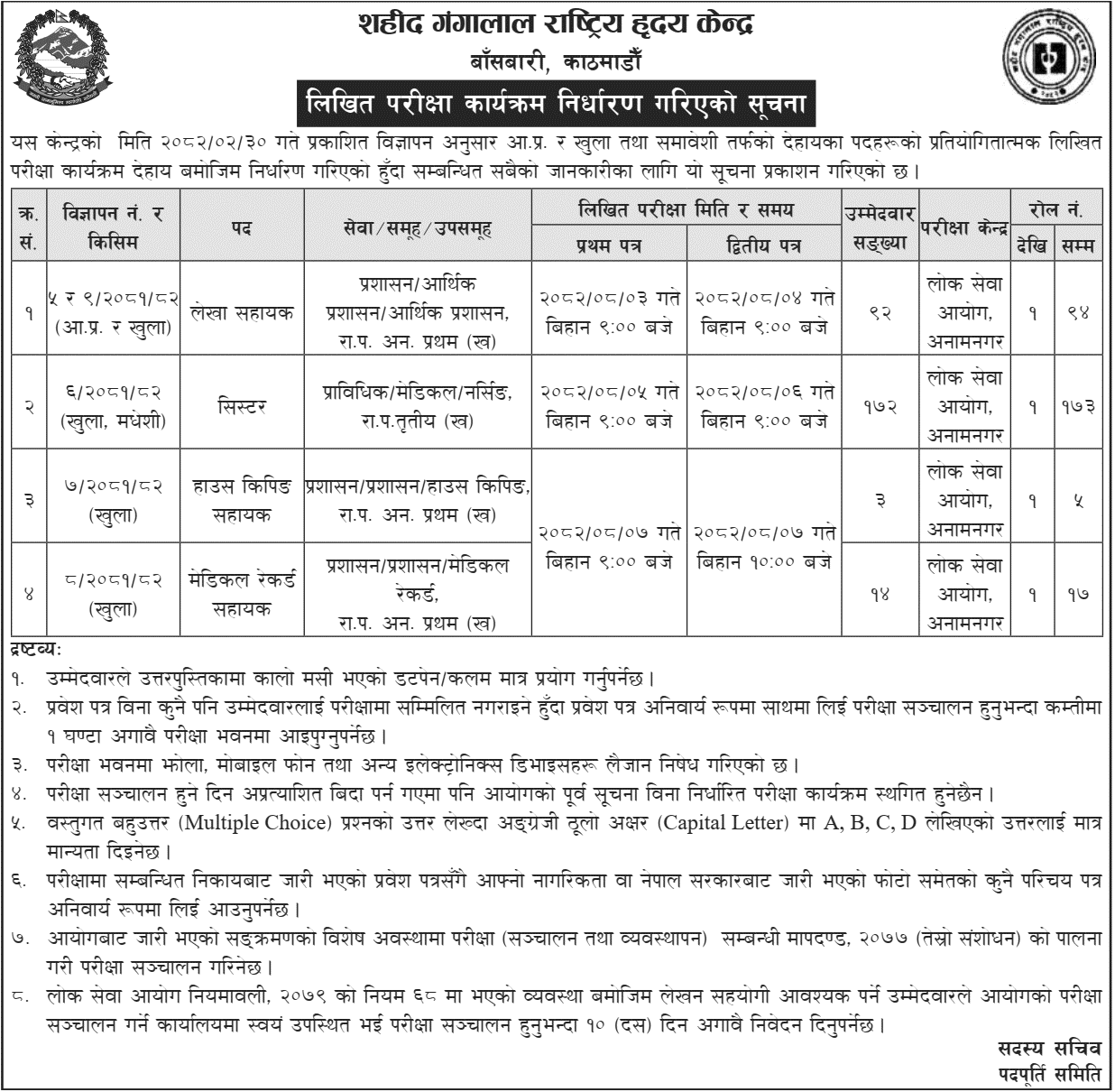 Shahid Gangalal Heart Centre Written Exam Schedule 2082