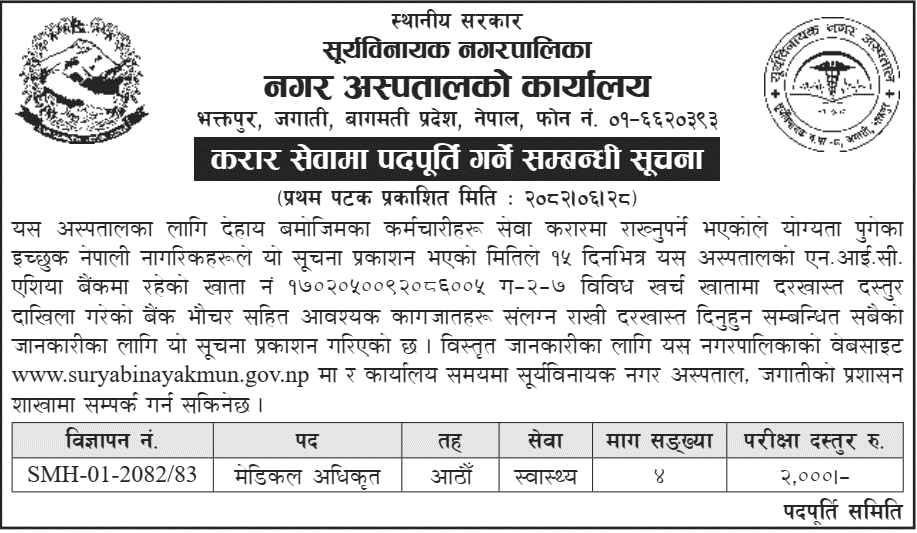 Suryabinayak Municipal Hospital Medical Officer Vacancy 2082 