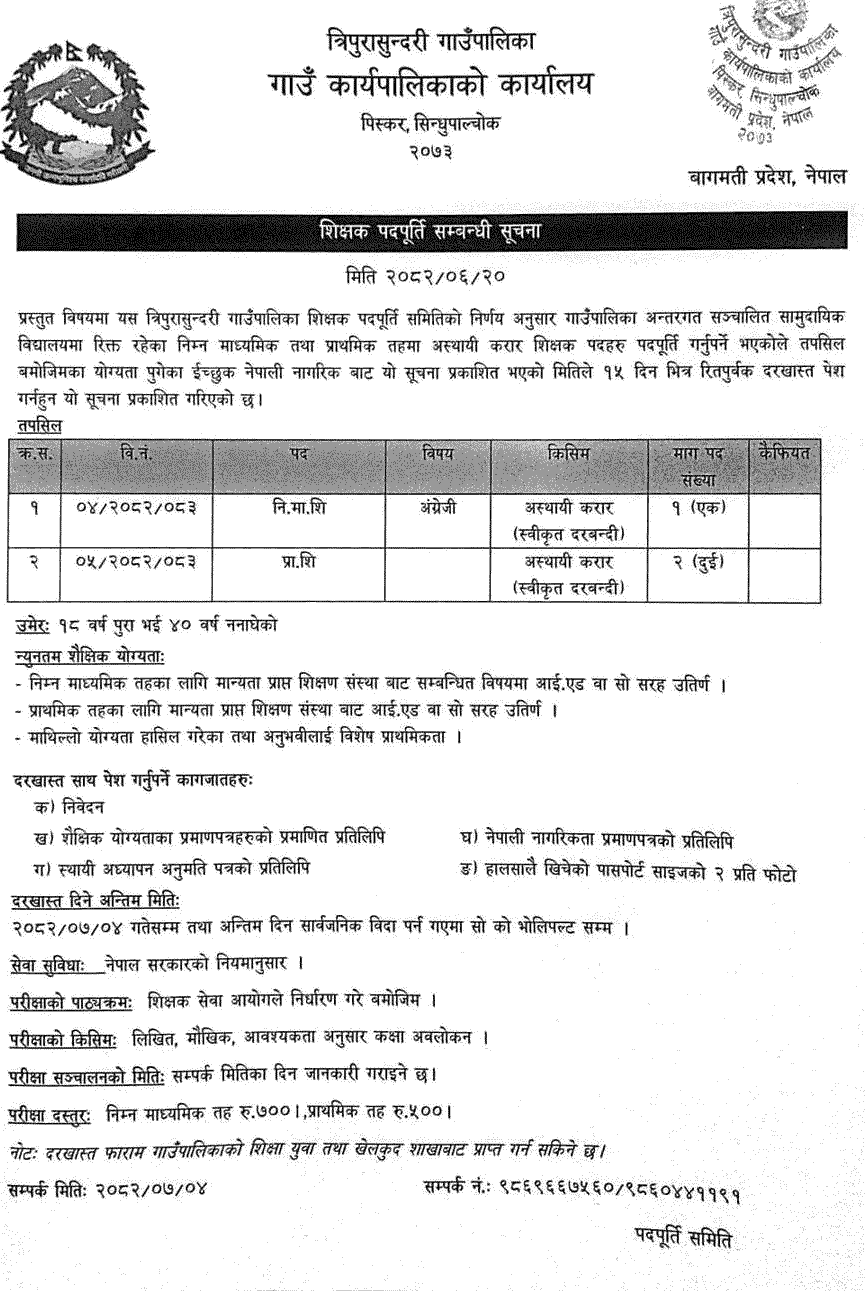 Tripurasundari Rural Municipality Temporary Teacher Recruitment 