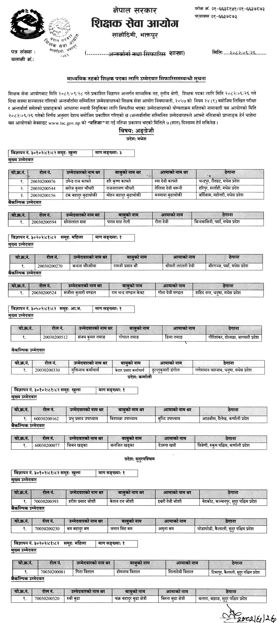 TSC Secondary Level English Interview Results 2082 