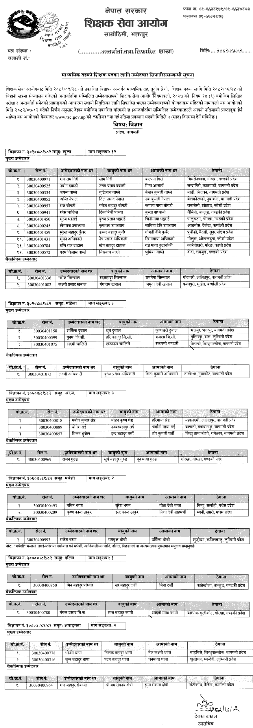 TSC Secondary Level Science Bagmati Province Recommendation 