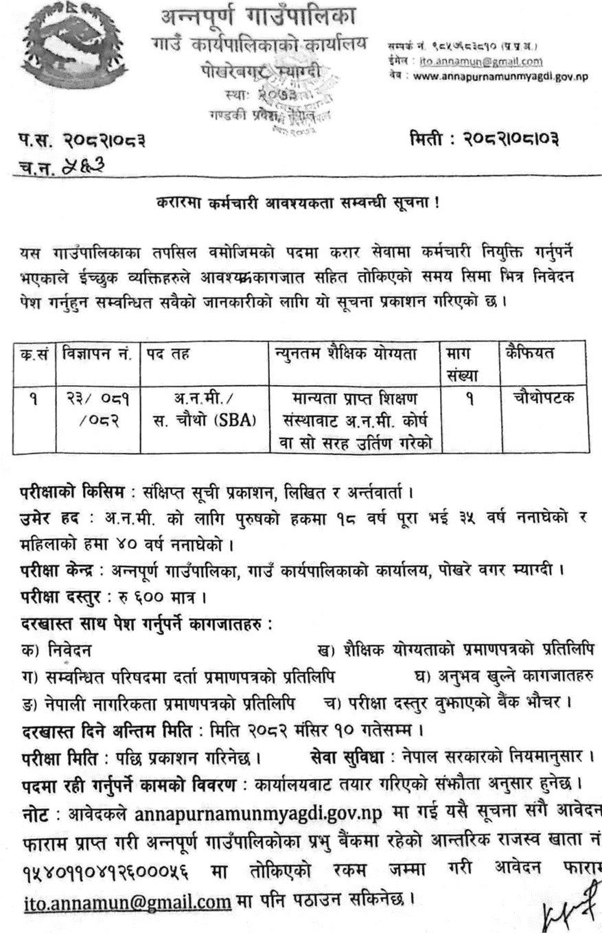 Annapurna Gaupalika ANM Contract Vacancy 2082 