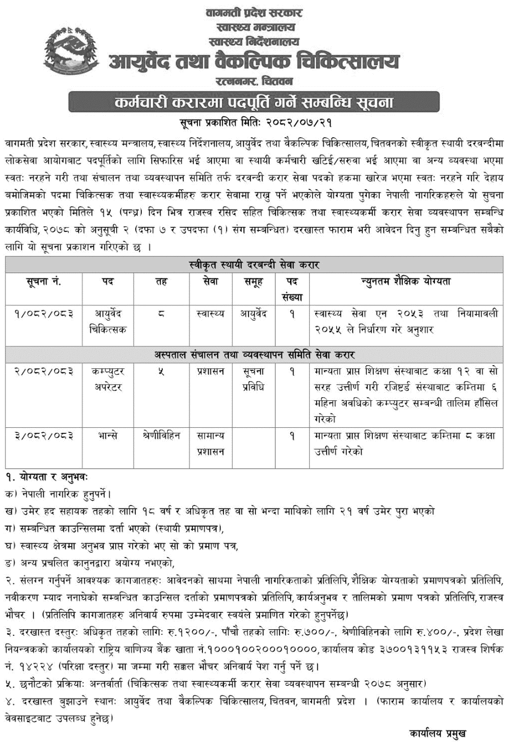 Ayurveda and Alternative Hospital Contract Vacancy 