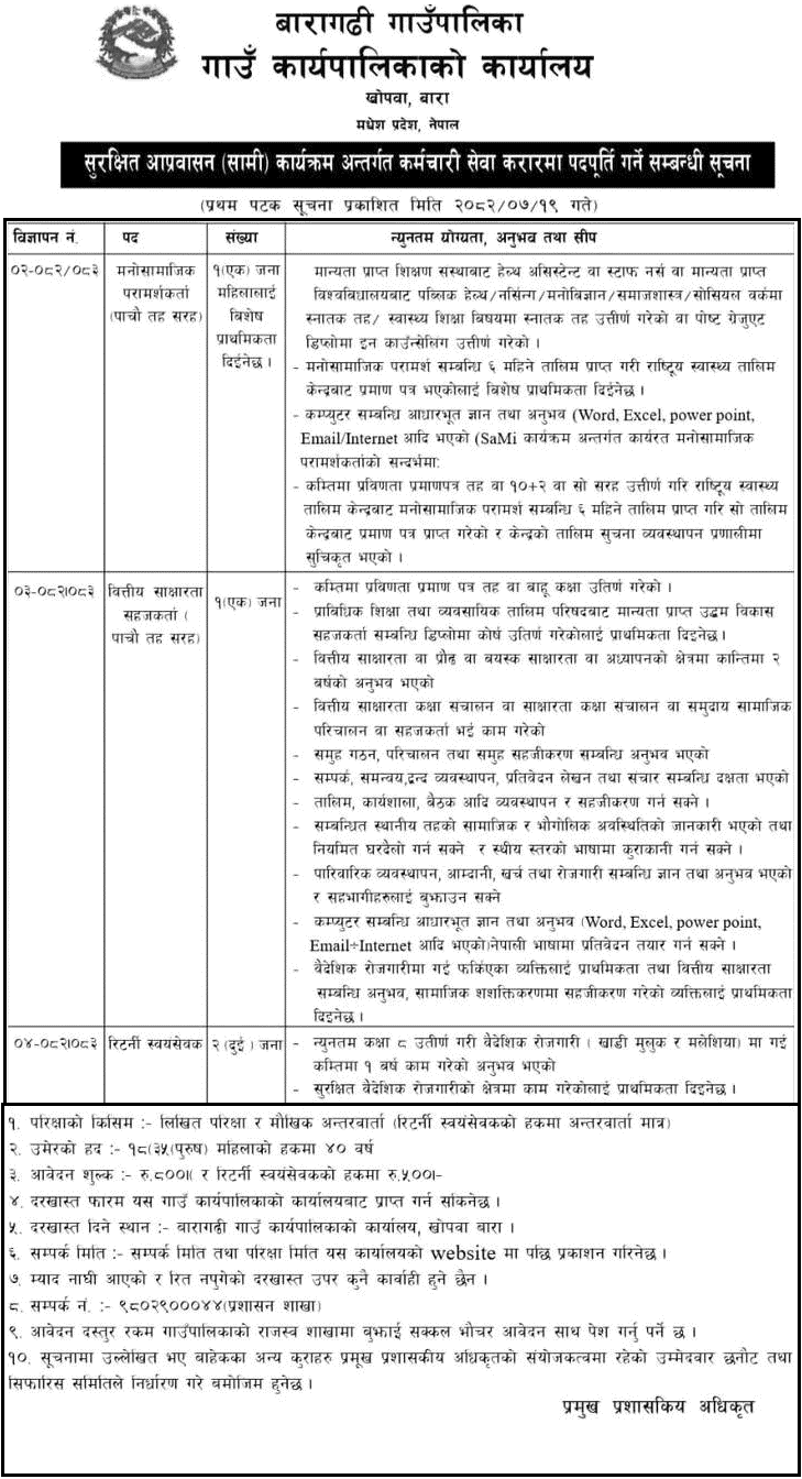 Baragadhi Gaupalika SaMi Contract Staff Vacancy 2082