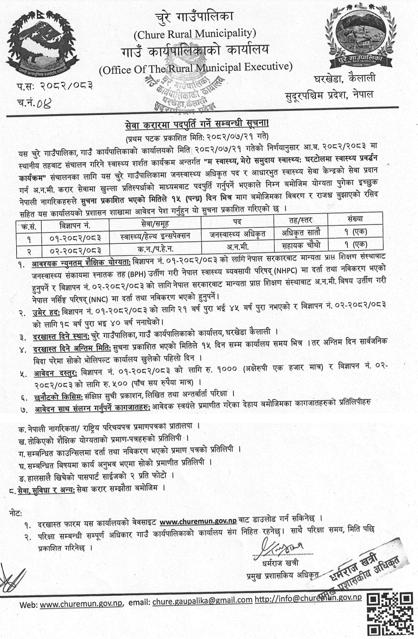 Chure Rural Municipality Vacancy for PHO and ANM Posts 2082 