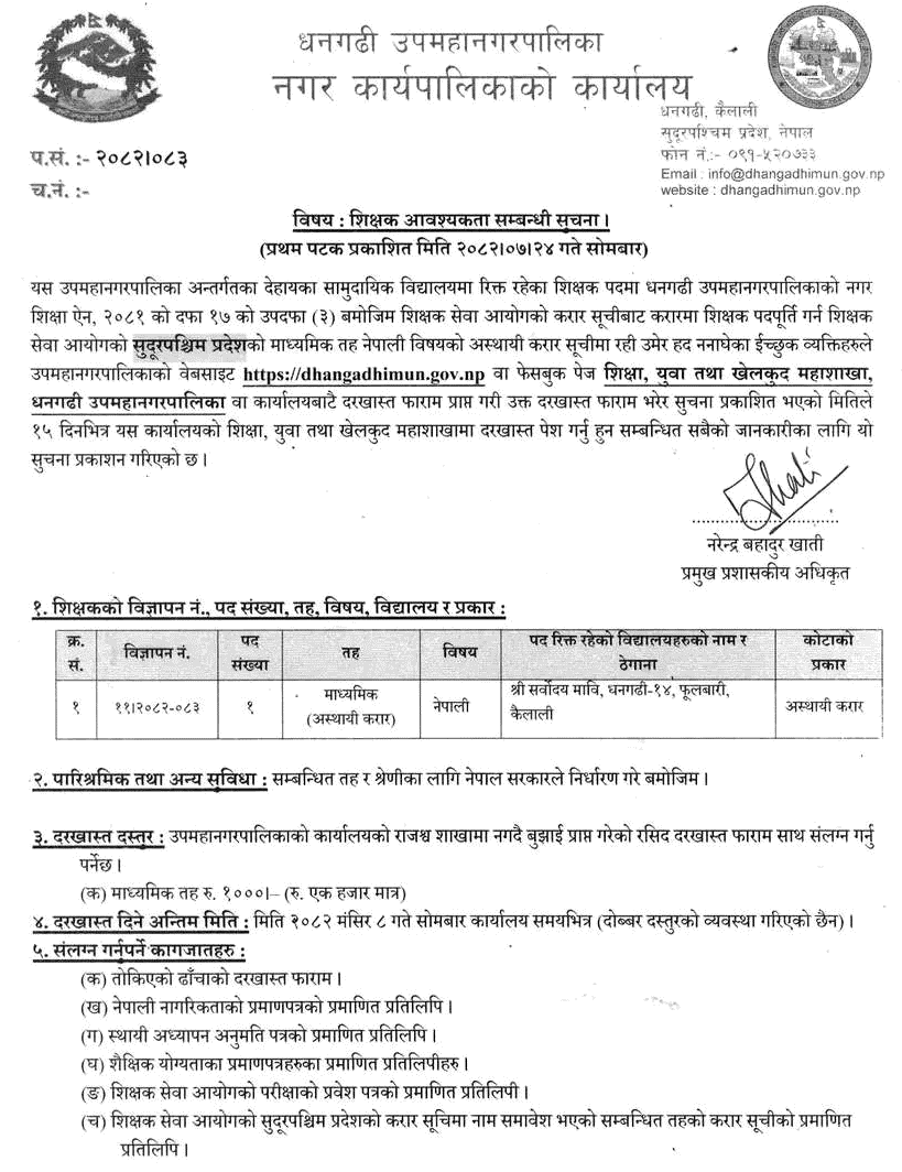 Dhangadhi Sub-Metropolitan City Teacher Vacancy Notice 