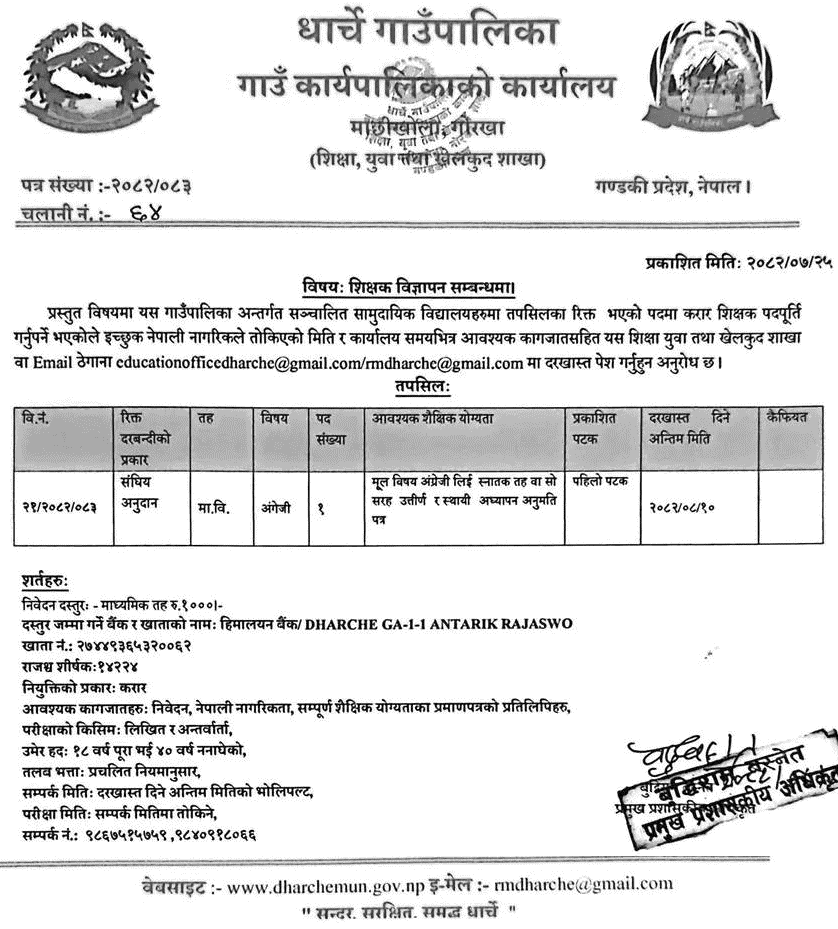 Dharke Rural Municipality English Teacher Vacancy 2082 