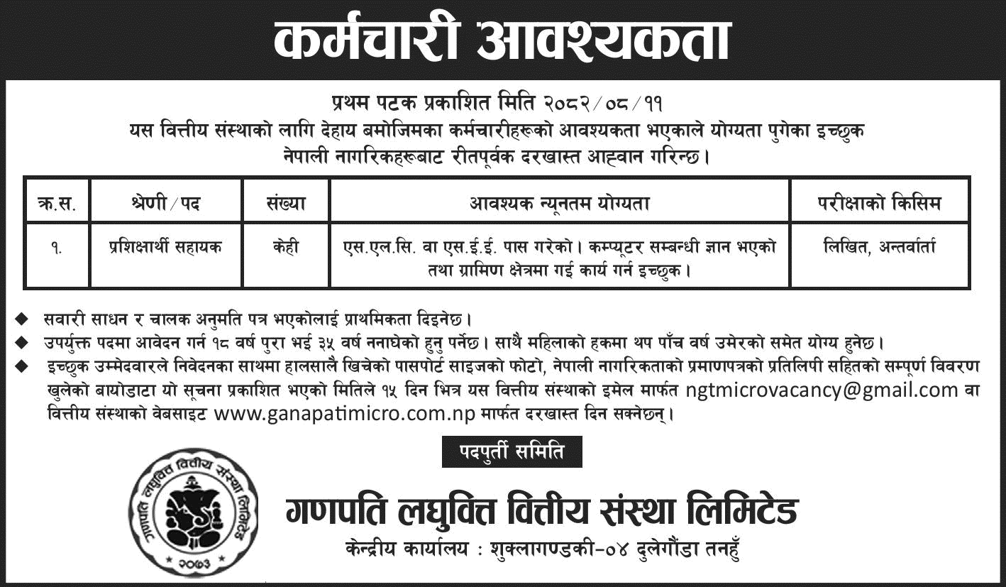 Ganapati Laghubitta Trainee Assistant Vacancy 2082