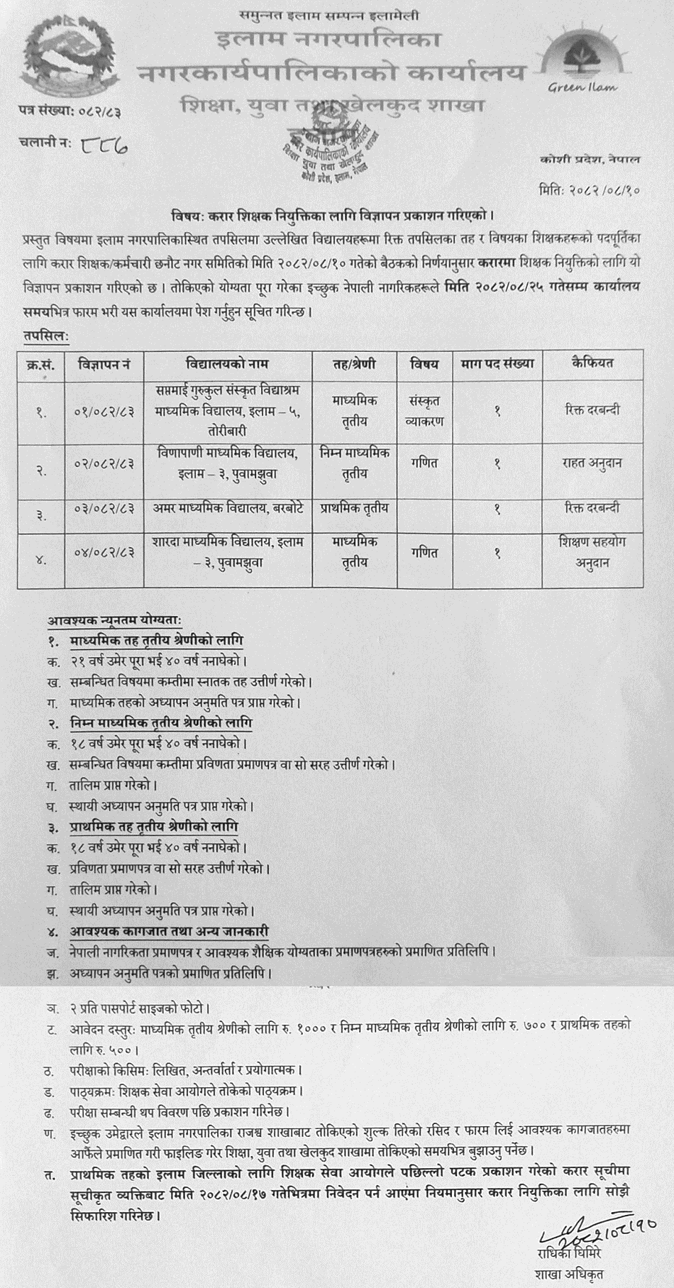Ilam Municipality Contract Teacher Vacancy 2082 