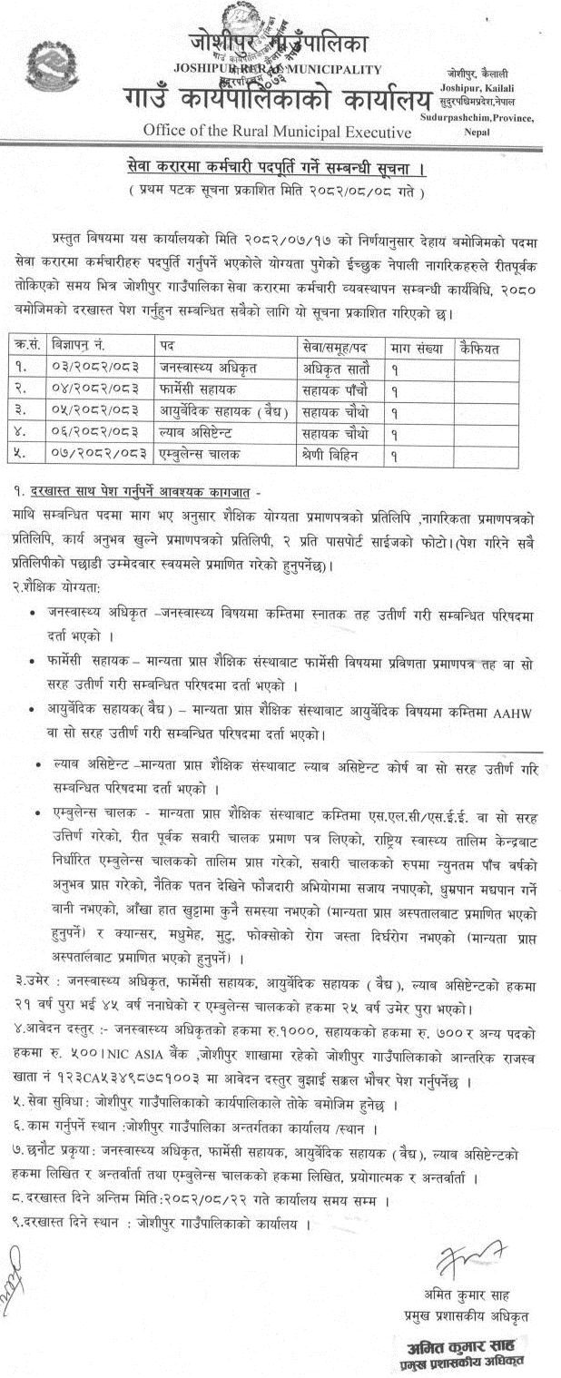 Joshipur Gaupalika Health and Support Staff Notice