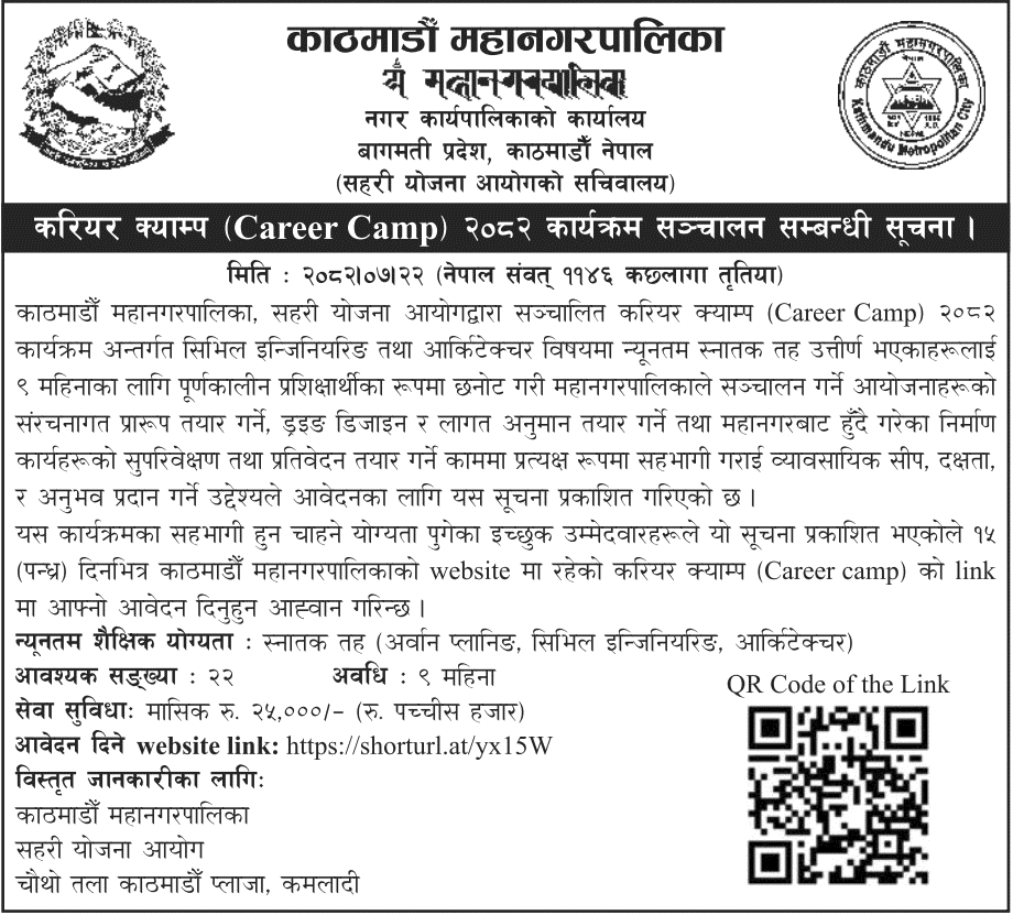 Kathmandu Metropolitan City Career Camp 2082 Trainee Notice 2082
