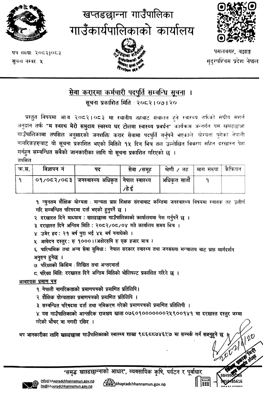 Khaptadchhanna Gaupalika Vacancy for Public Health Officer