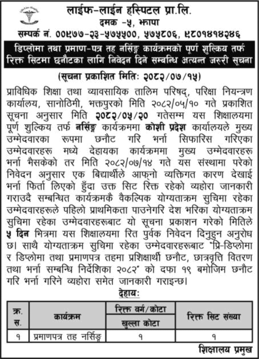 Lifeline Hospital Damak Nursing Program Vacant Seat Notice