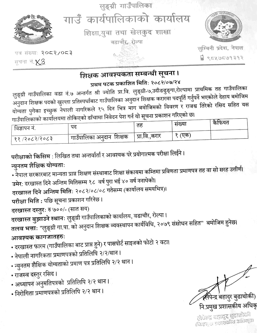 Lungri Rural Municipality Teacher Vacancy Notice