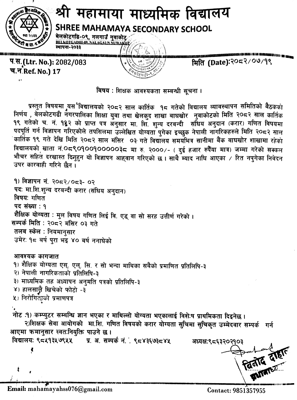 Mahamaya Secondary School Mathematics Teacher Vacancy Notice 