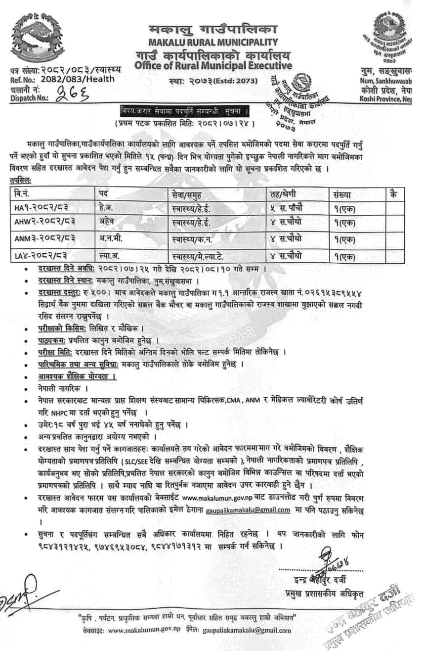 Makalu Rural Municipality Health Contract Vacancies 2082