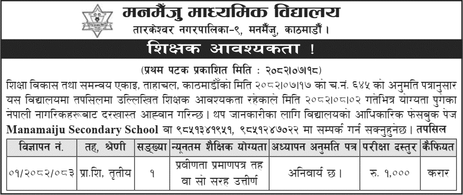 Manamaiju Secondary School Teacher Vacancy 2082 