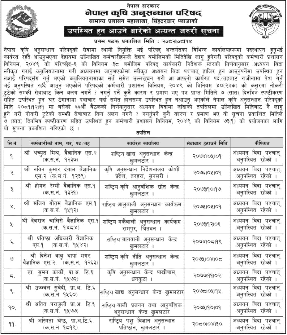 NARC Urgent Notice on Attendance 