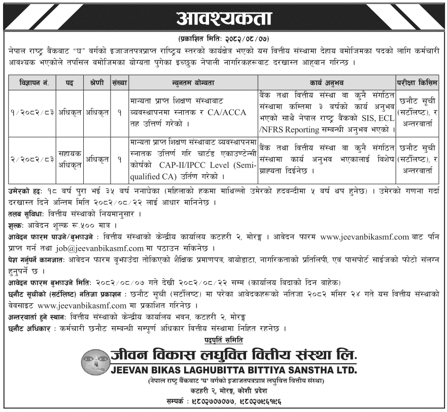 Officer and Asst. Officer Jobs at Jeevan Bikas Laghubitta 