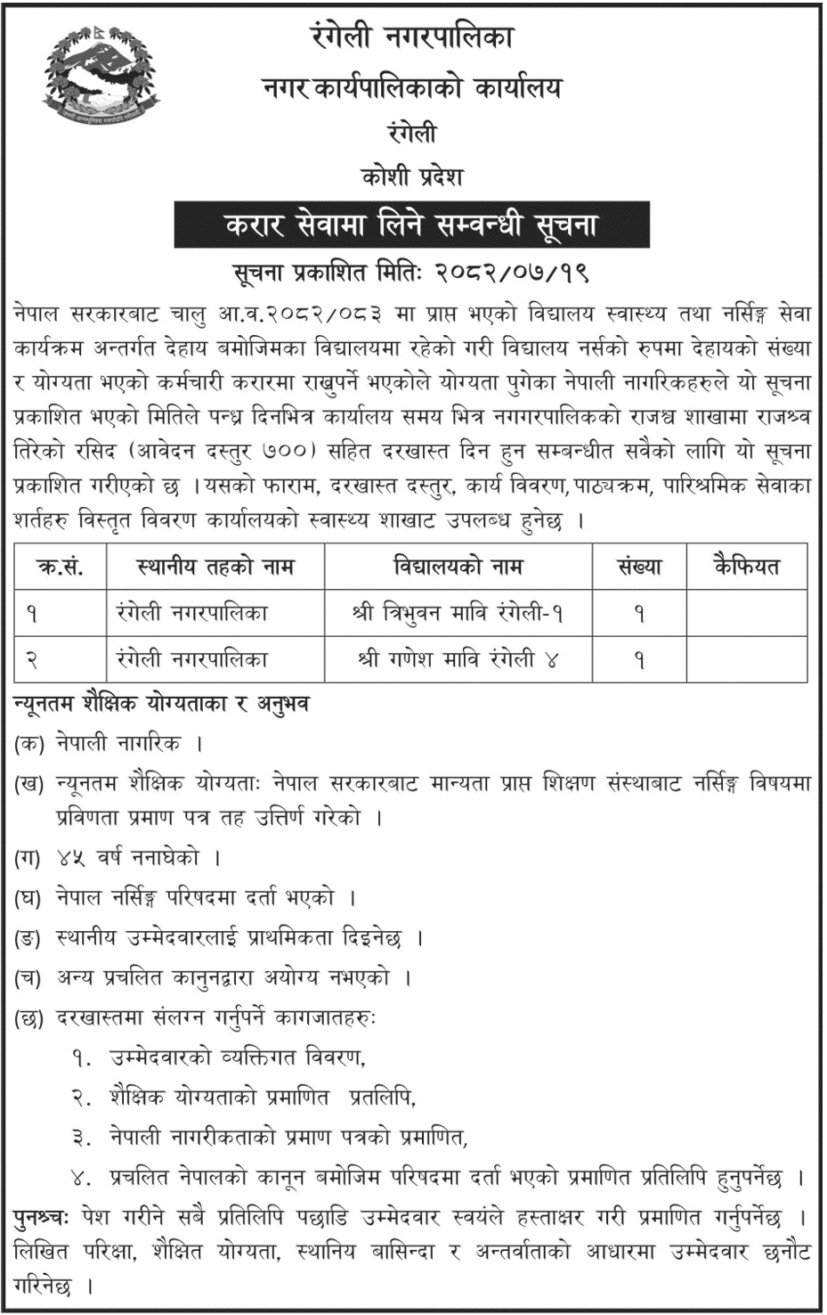 Rangeli Municipality Vacancy for School Nurse (Contract)