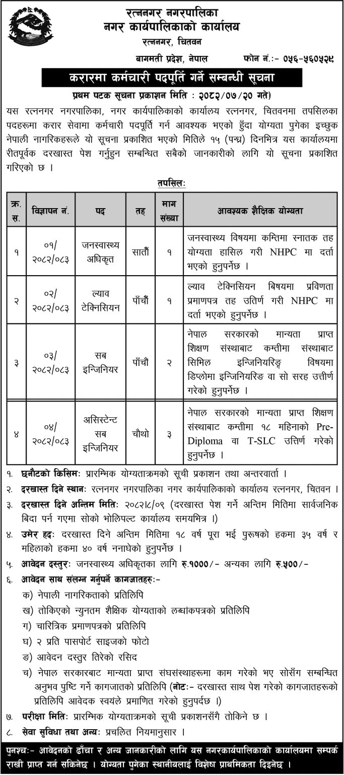Ratnanagar Municipality Contract Staff Notice 2082 