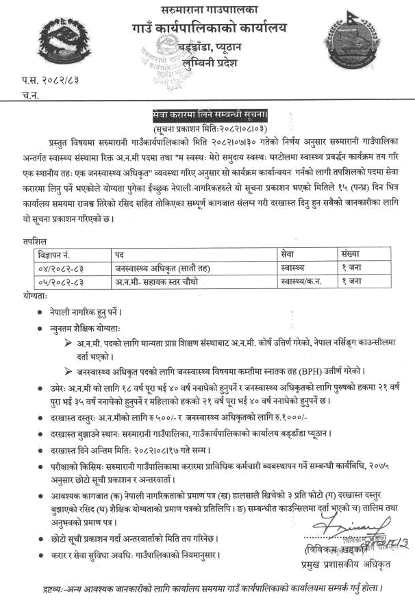 Sarumarani Rural Public Health Officer and ANM Vacancy 2082