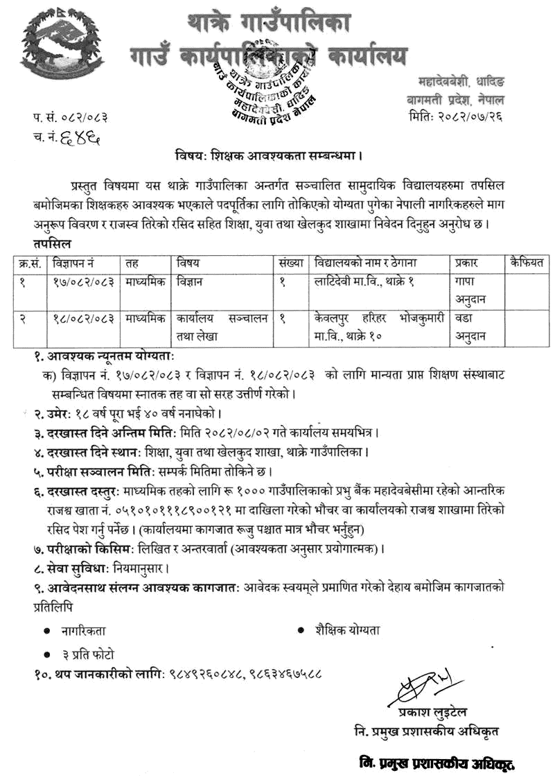Thakre Rural Municipality Teacher Vacancy 2082