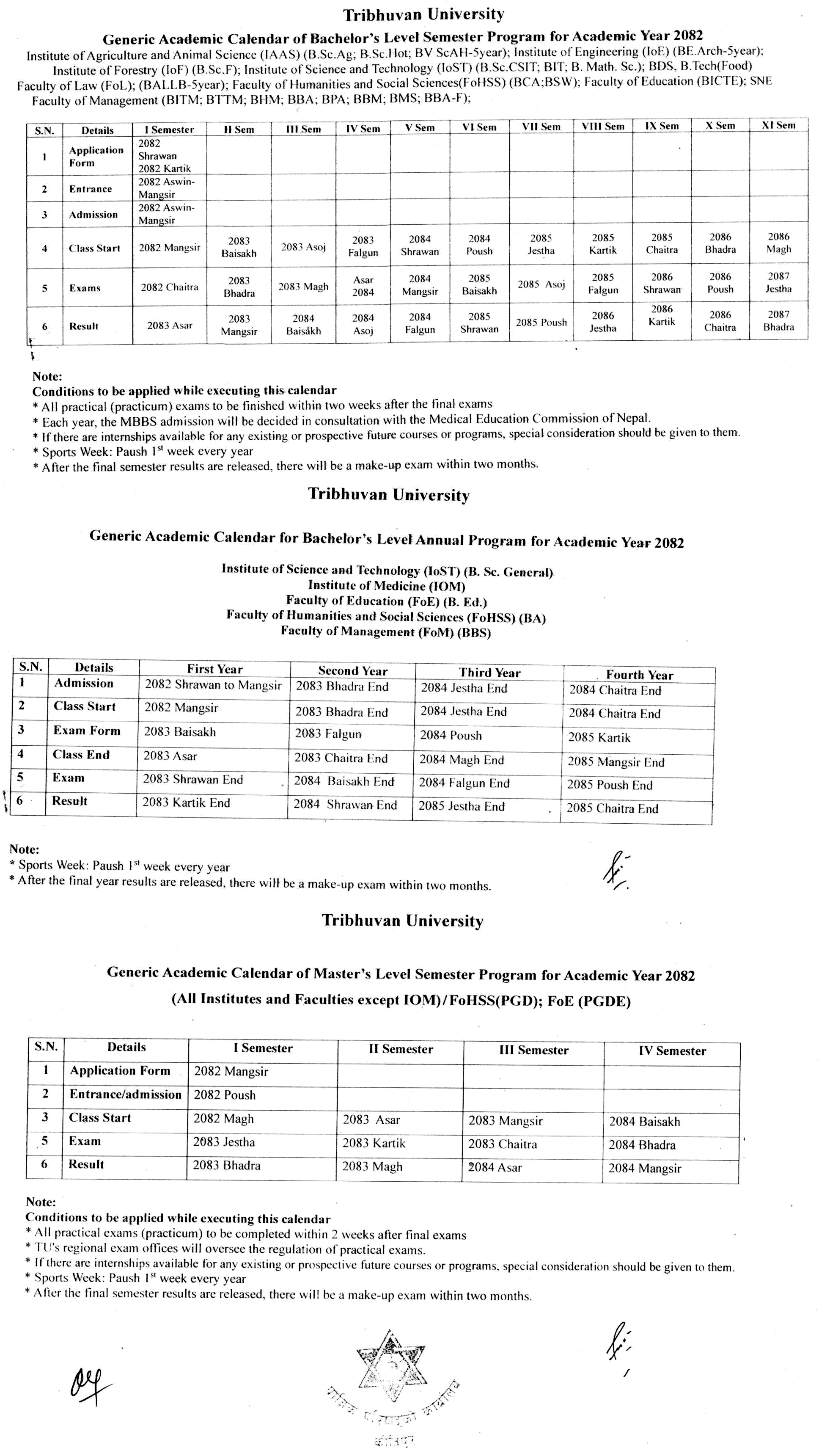Tribhuvan University Academic Calendar 2082