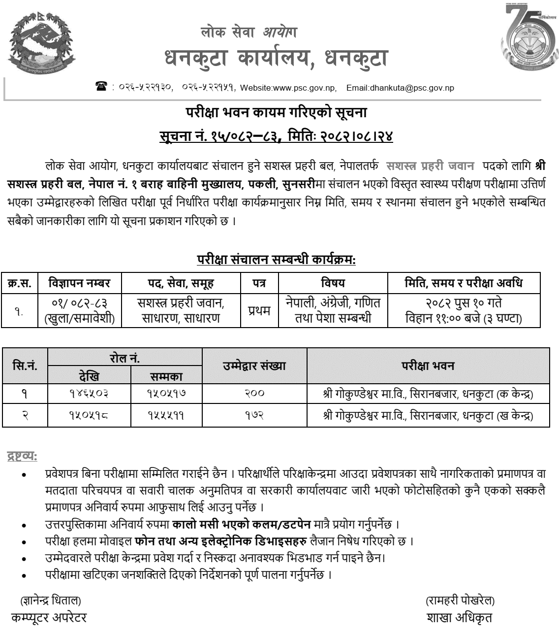 APF Nepal Jawan Post Written Exam Centers Dhankuta 2082