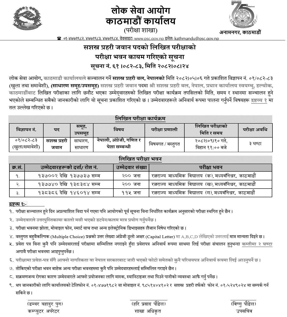 APF Nepal Jawan Post Written Exam Centers in Kathmandu 2082