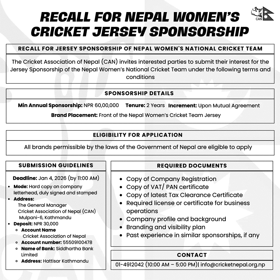 CAN Recall For Nepal Womens Cricket Jersey Sponsorship