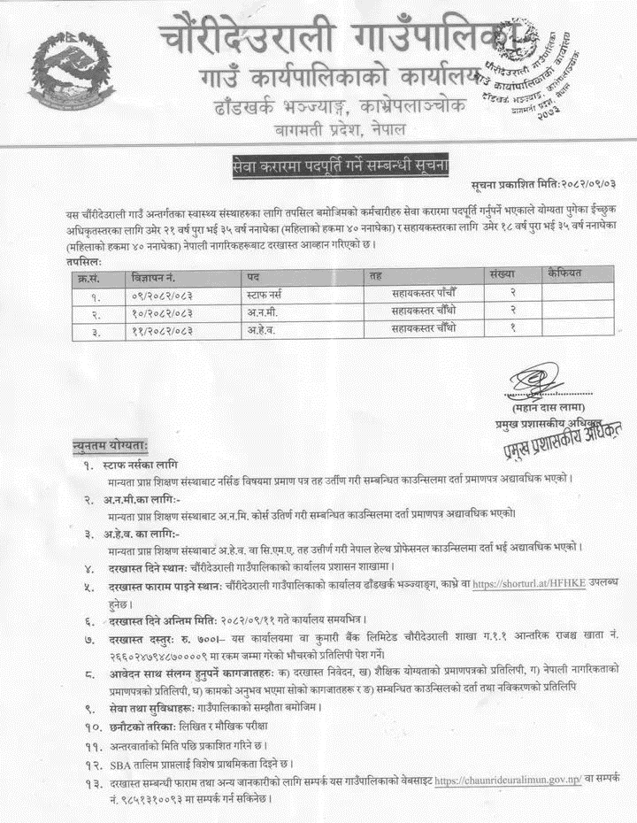 Chaunrideurali Rural Municipality Contract Recruitment Notice 2082