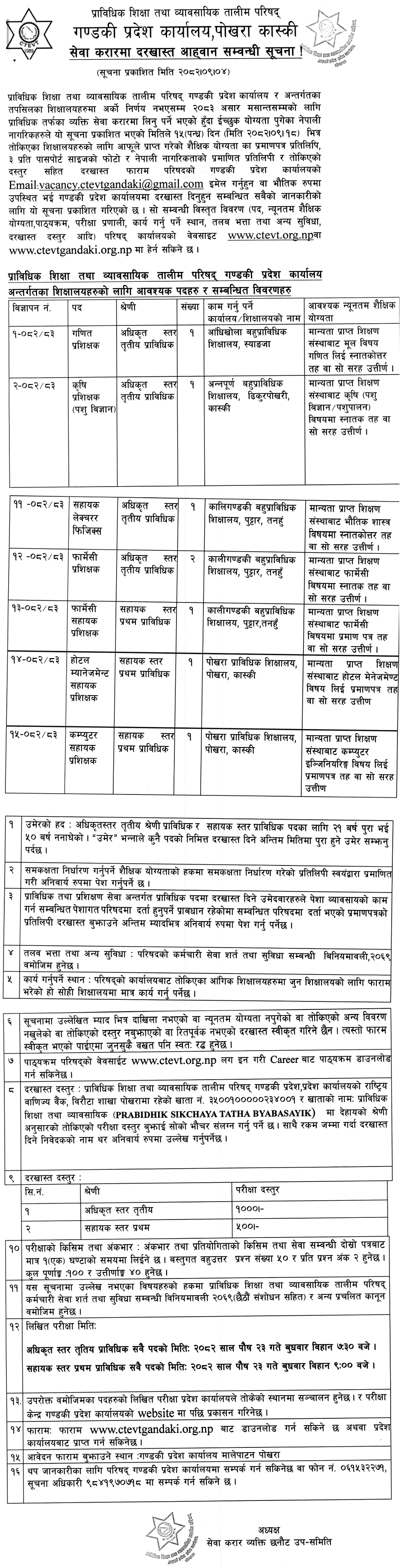 CTEVT Gandaki Service Contract Vacancy Notice 2082