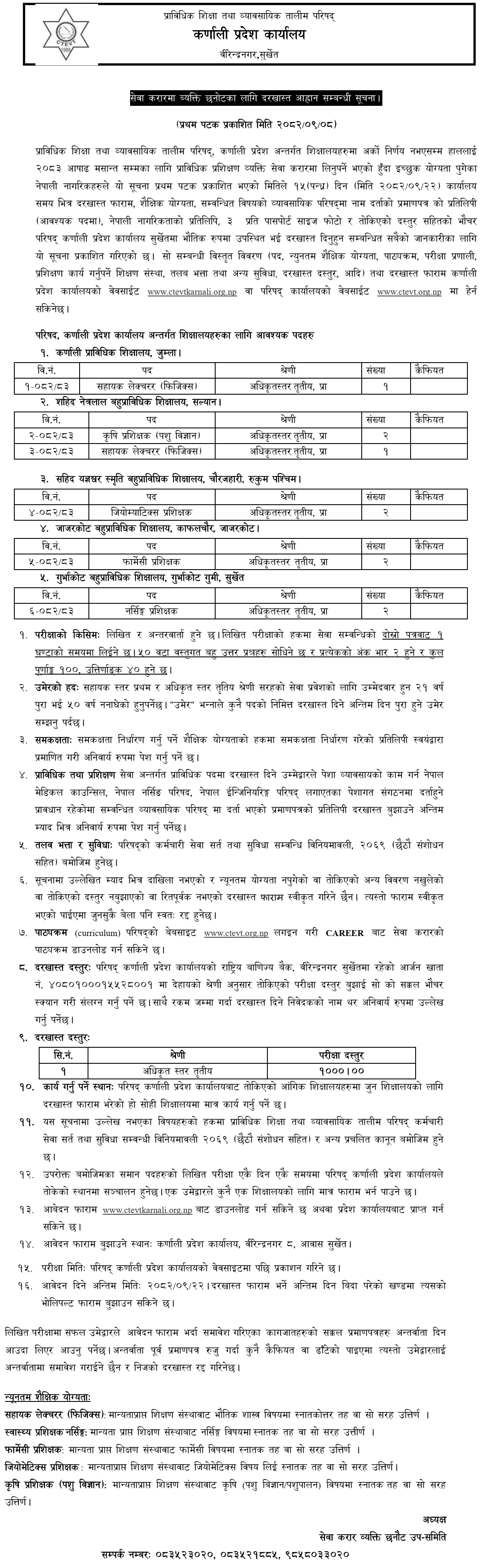 CTEVT Karnali Service Contract Vacancy Notice 2082