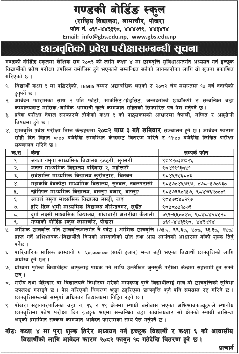 Gandaki Boarding School Scholarship Entrance Exam 2083