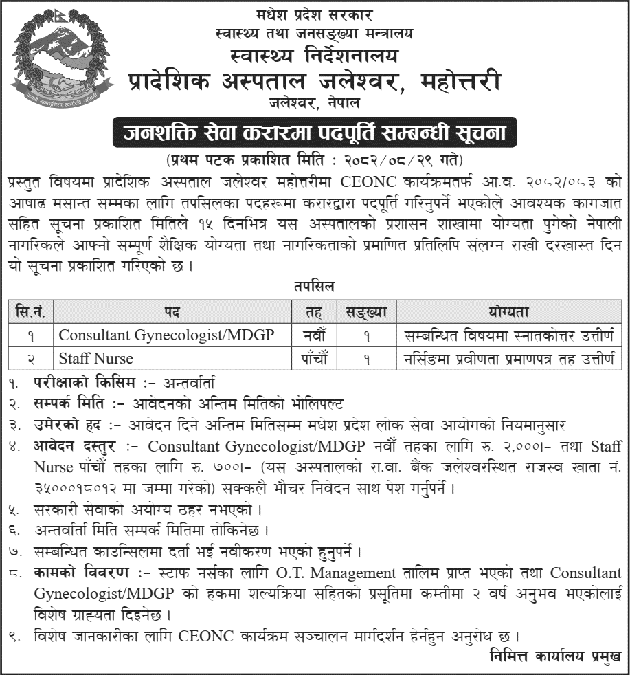 Jaleshwar Hospital Contract Vacancy Notice 2082