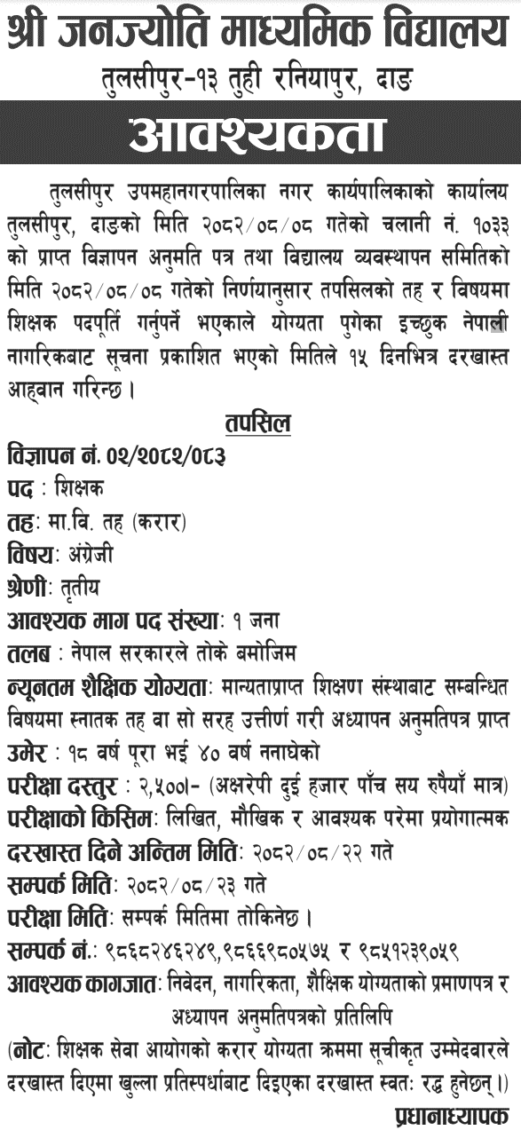 Janajyoti Secondary School Dang English Teacher Vacancy 