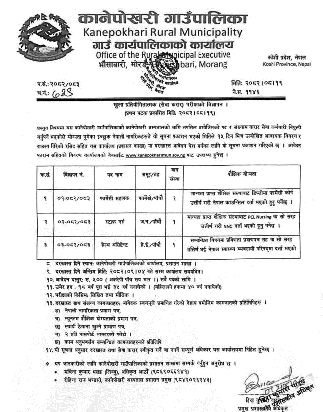 Kanepokhari Hospital Contract Staff Vacancy