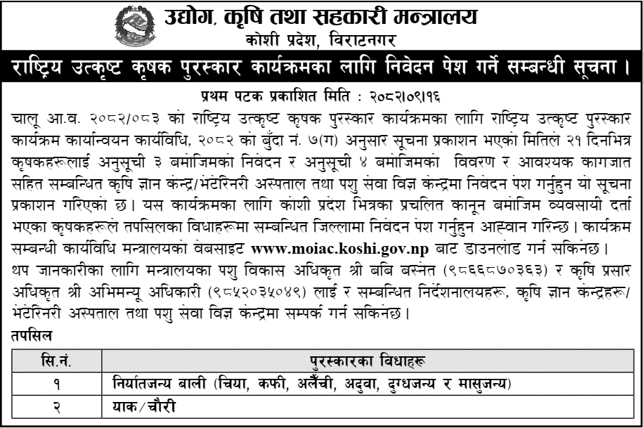Koshi Province Best Farmer Award Application Notice