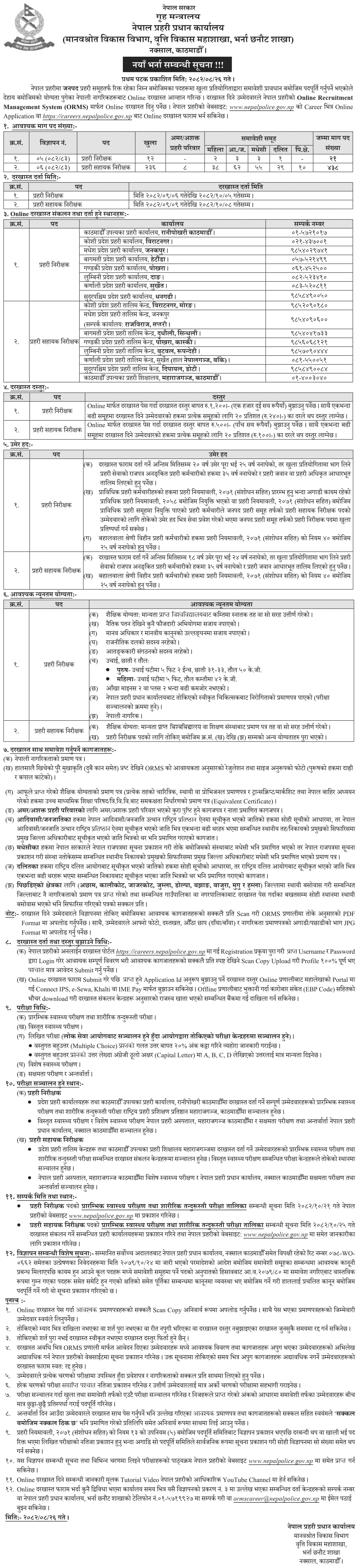 Nepal Police Inspector and Assistant Sub Inspector Vacancy 2082