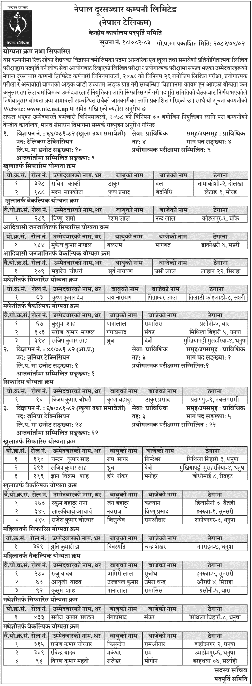 Nepal Telecom Merit List and Recommendations