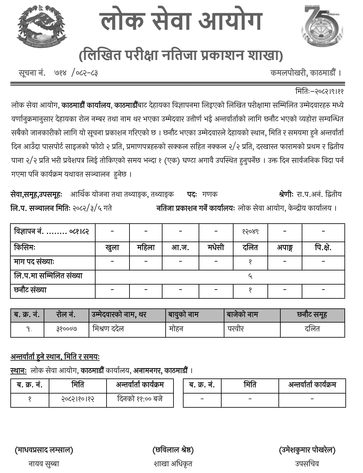 PSC Kathmandu Written Result Computer (Dalit)