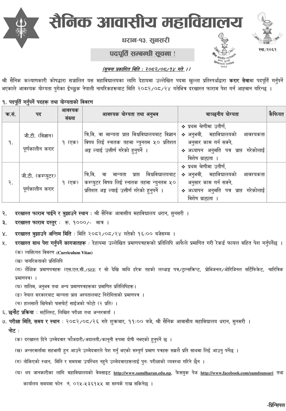 Sainik Awasiya MahaVidyalaya Dharan Contract Teacher Vacancy 